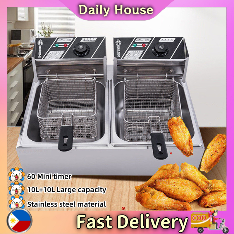 Electric Deep Fryer with Lid 20L Stainless Steel French Frie Machine 220V Double-cylinder Fried Chicken Oil Frye Timable Adjustable Thermostat Kitchen Cooking Essentials Presyo  1,999 Piso*Libreng Shipping