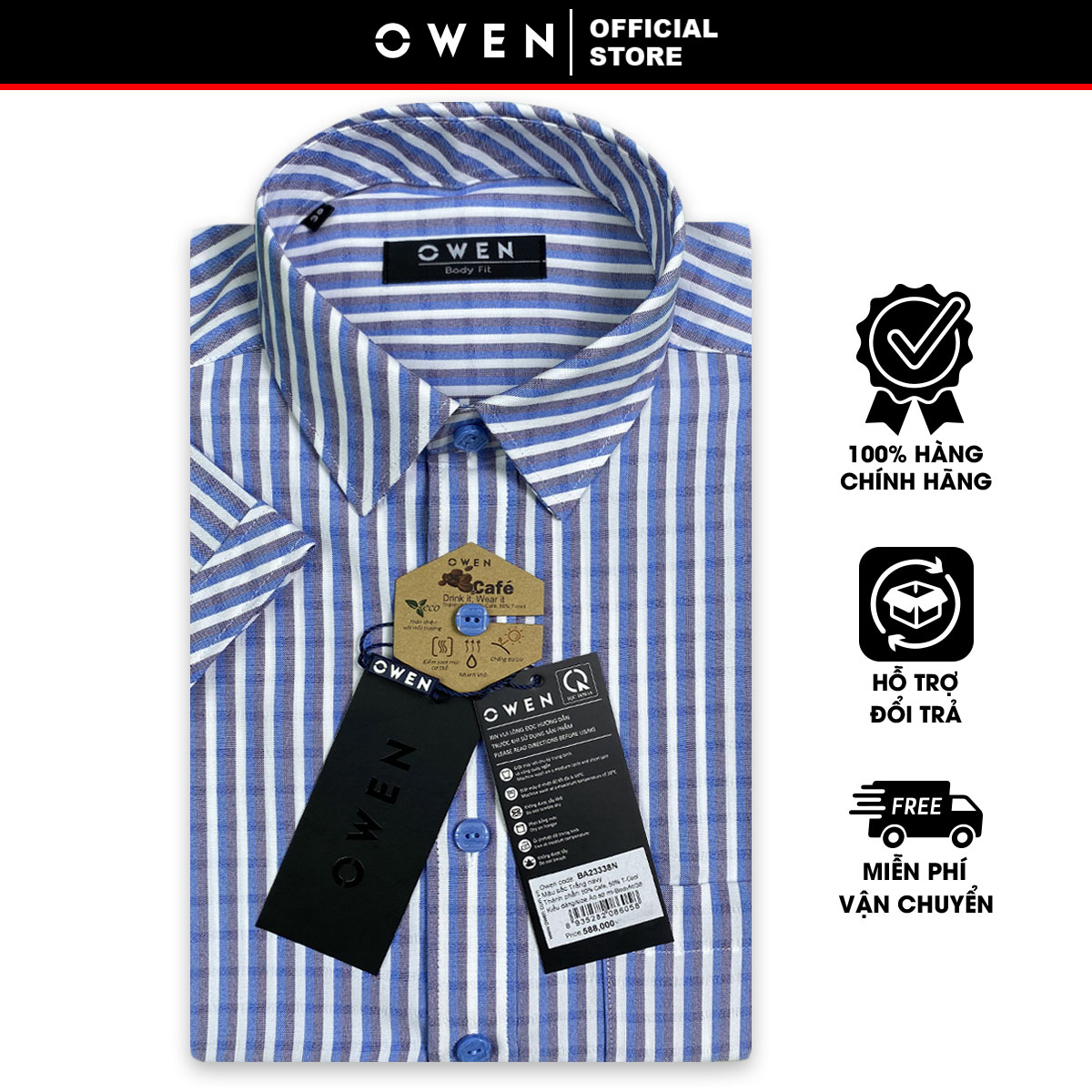 OWEN SALE - Áo Sơ Mi Owen Tay Ngắn Màu Trắng - Navy  Họa Tiết Sọc Dọc Form Body Fit Lai Ngang Chính 