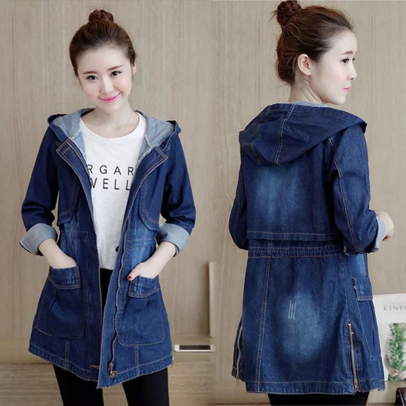 S-5XL Áo khoác nữ Denim dài hoodied dây kéo xuân thu thời trang giản dị thanh lịch mỏng jean dáng rộng áo khoác cao bồi trang phục đường phố Hoody cỡ lỡn màu xanh