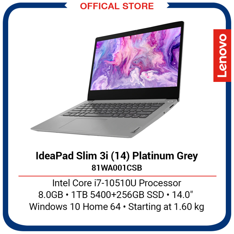 Lenovo IdeaPad Slim 3i (14) | Intel Core i7-10510U Processor | 8GB | 1TB 5400+256GB SSD | Platinum Grey | 2Y Premium Care Warranty