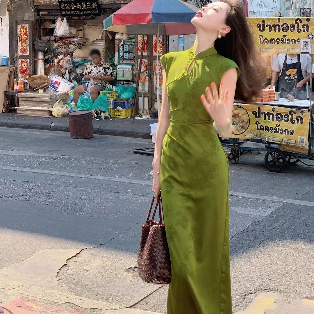 LUNAáo girl phố nữ set đồ nữ đẹp  Váy sườn xám jacquard kiểu Trung Quốc mới cho phụ nữ mùa hè quốc p