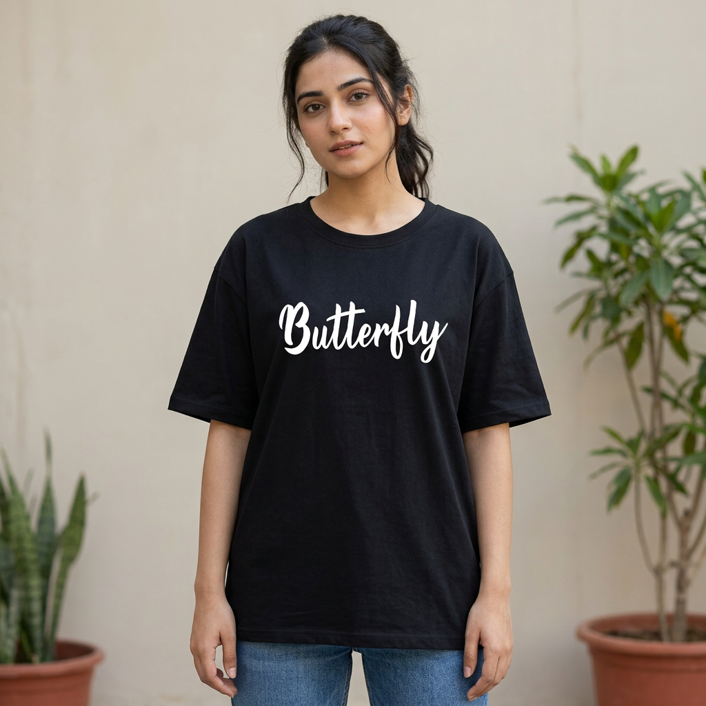 butterfly letters printed tshirts for girls and women in summer 2024 soft cotton black color