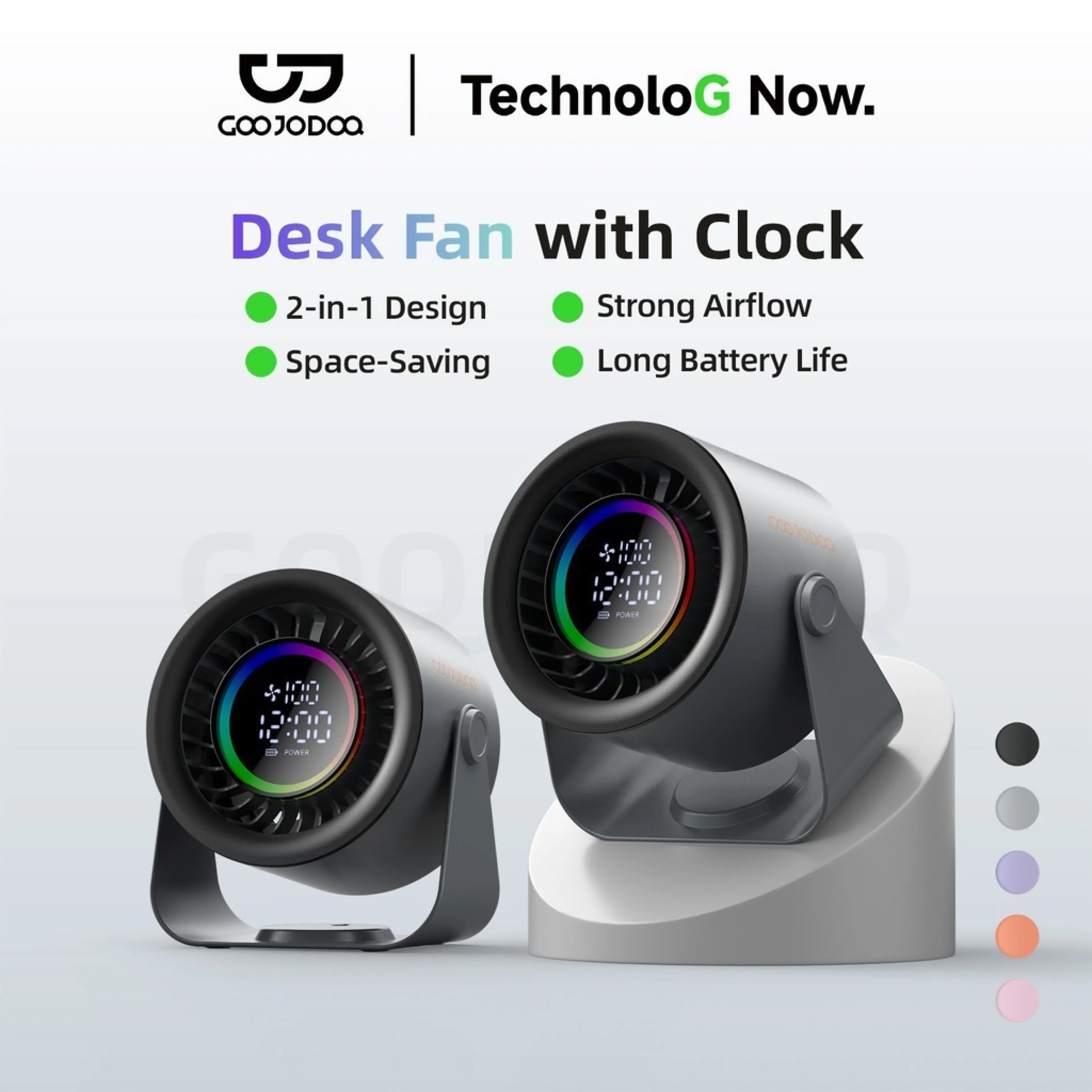Goojdooq High Speed Table Fan Digital Display Wall Clock, Space-Saving Design.