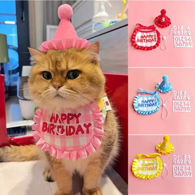 Mèo Con Chó Sinh Nhật Bib Và Bên Hat Thiết Lập Con Chó Con Mèo Có Thể Điều Chỉnh Bandana Kẻ Sọc Khăn Sinh Nhật Trang Phục Chihuahua Nguồn Cung Cấp
