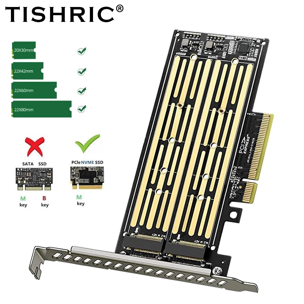 Dual bay tishric Cạc mạng M. 2 NVMe để PCIe PCIe 8x đến 2 cổng NVMe SSD Hỗ trợ 2 đĩa cứng giao thức M.2 NVMe