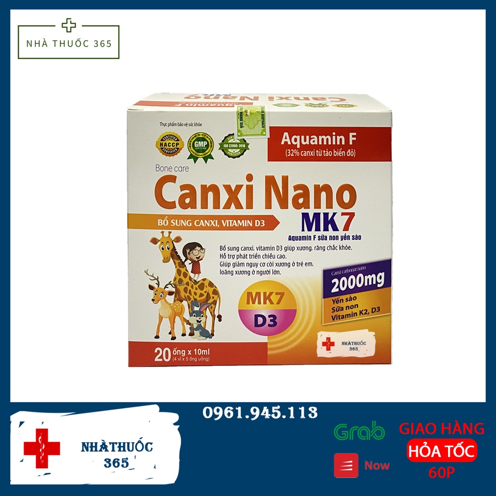 Canxi nano K2 D3 MK7 aquamin F tảo biển đỏ - Bổ sung canxi cho bé vitamin D3 giúp xương răng chắc khỏe Hộp 20 ống