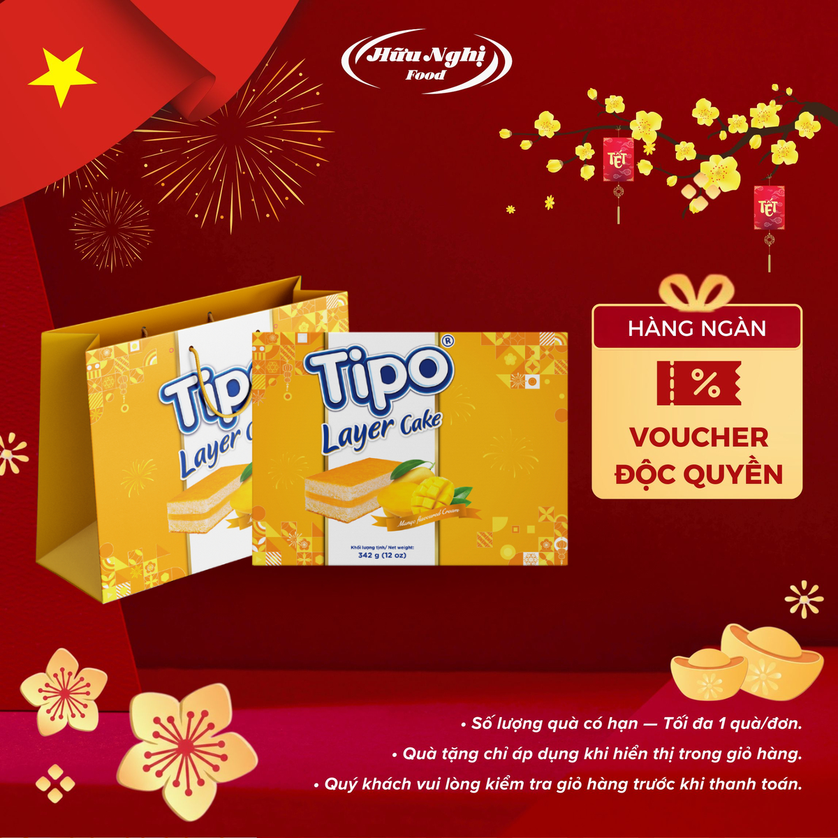 COMBO 2 Hộp Bánh Tết Bông Lan Tầng Xoài Tipo 342g kèm túi