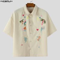 INCERUN Shirts For Man Printed Floral Embroidery Summer Short Sleeve Top #250606