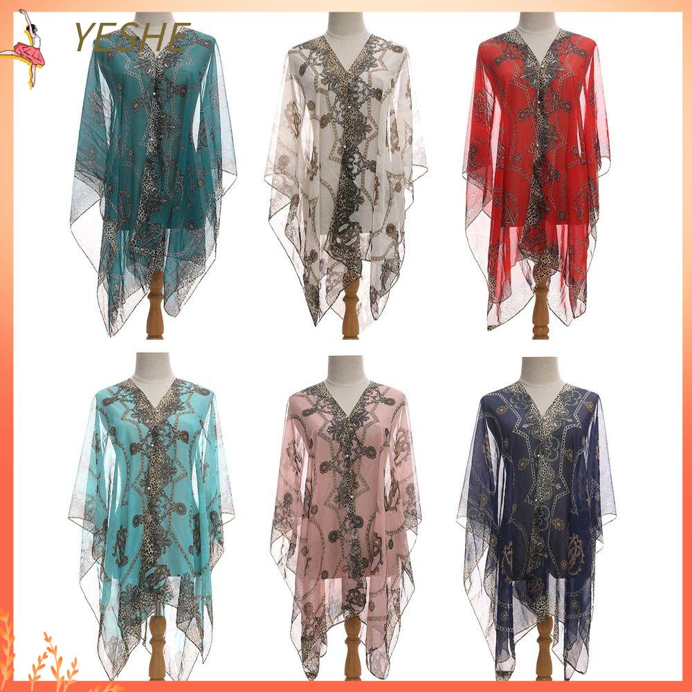 YESHE In da báo Khăn choàng chống nắng Dài in họa tiết Áo cánh Bikini Thời trang Khăn Choàng Hoa Xuân Hè