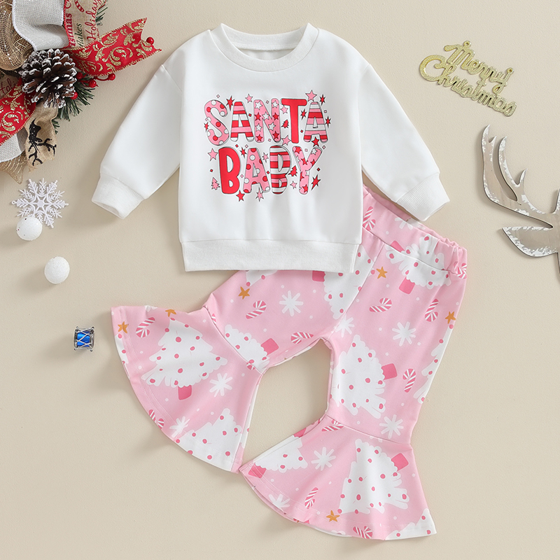 Kid Girls Pants Set, Letters Print Sweatshirt with Tree Print Flare Pants Christmas Outfit