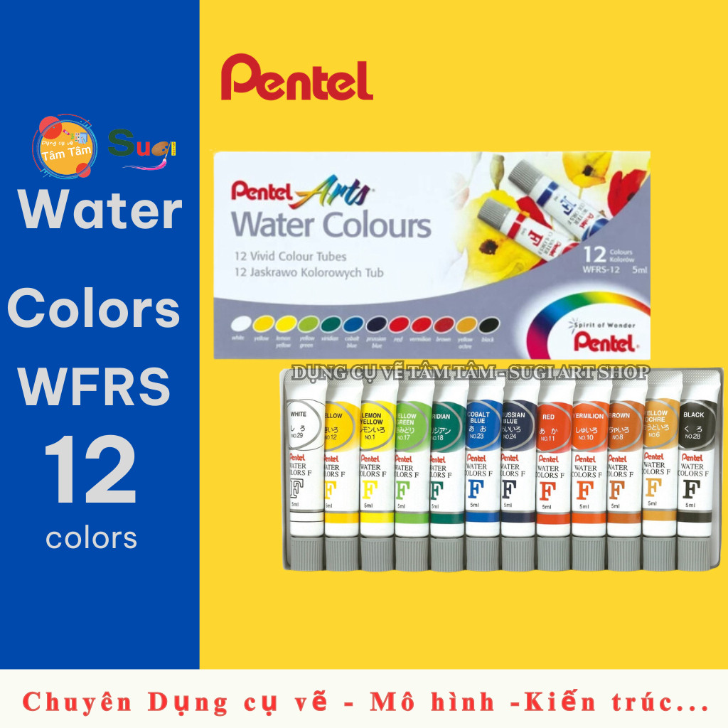 Màu Nước Pentel Cao Cấp Pentel Water Colors Pentel 12 màu / 18 màu / 24 Màu - WFRS [ Tâm Tâm - Sugi Art ]