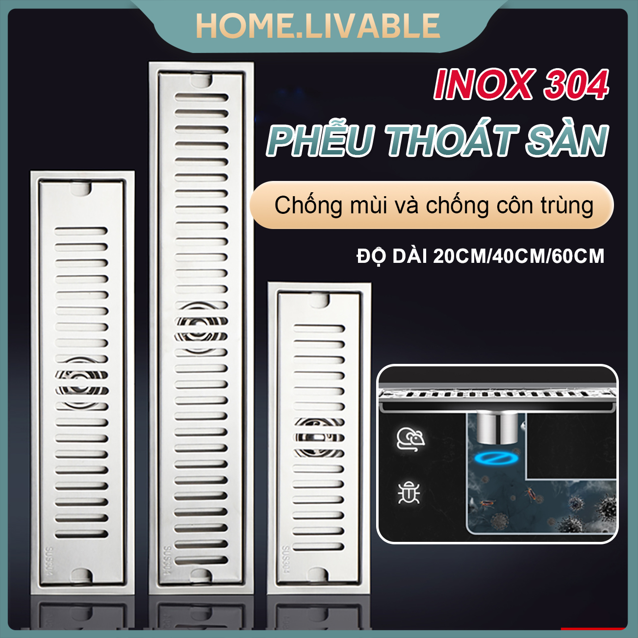 Ga thoát sàn, Inox 304 Ga thoát sàn ngăn mùi Phễu thoát sàn cao cấp 20 40 60cm