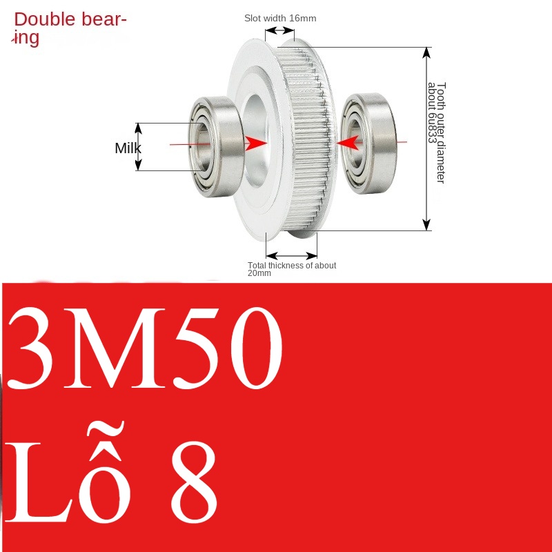 Bánh Răng Đồng Bộ 3M 50 Răng Guangfa - Răng Căng, Rãnh 11/16/21mm, Có Ổ Bi, Lỗ 5-17mm, Nhôm, Hướng Dẫn Công Nghiệp - răng 16-8