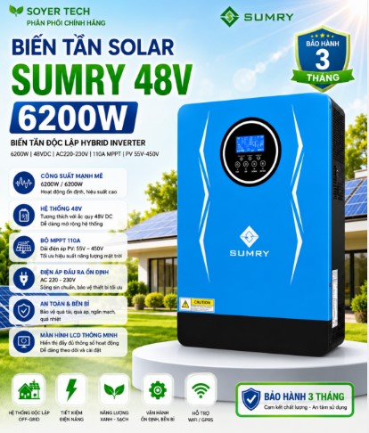 BIẾN TẦN ĐỘC LẬP SUMRY 6200W 48V Hybrid Inverter AC220-240V 110A MPPT PV 55V-450V -SOYER TECH