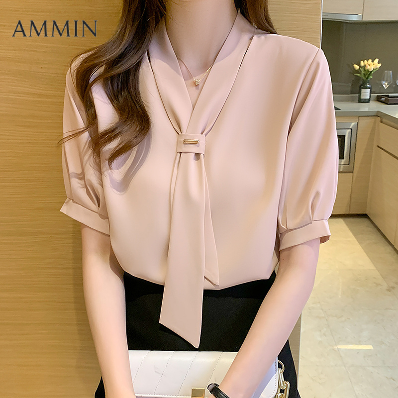 AMMIN Korean Style Fashion Beaded Tie Design V-Neck Commuter White Chiffon Shirt Women's Summer 2025 New Natural Vertical Sense Short Sleeve Elegant Blouse ราคา 323 บาท*ส่งฟรี
