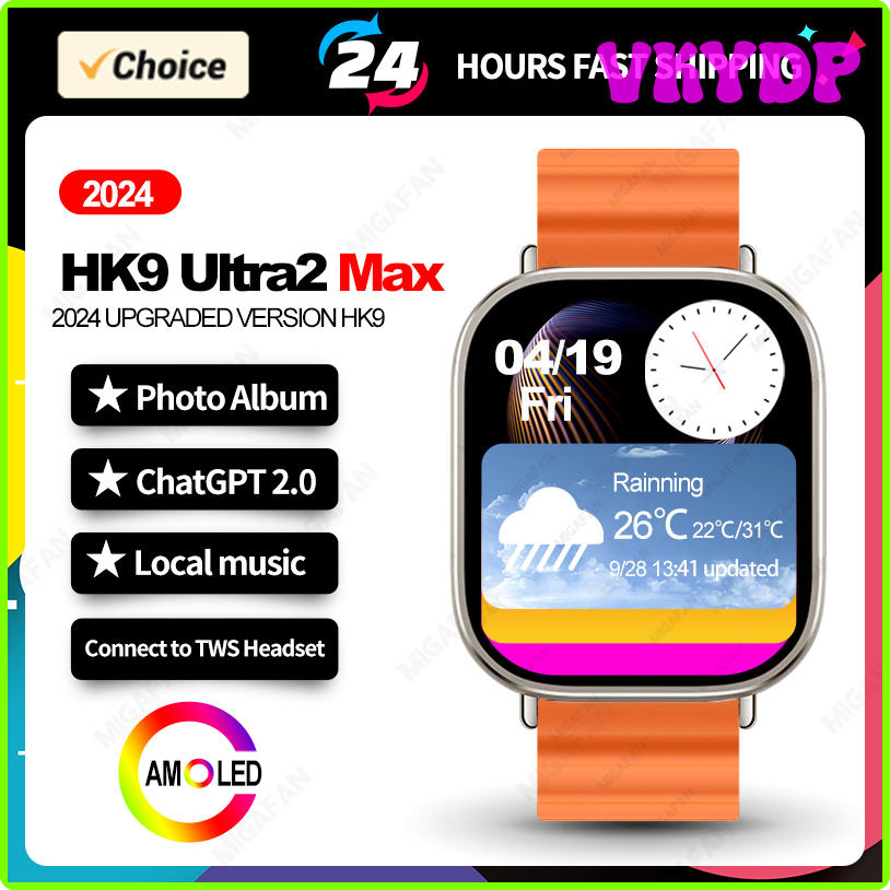 VKYDP HK9 Ultra 2 Max AMOLED Smart Watch Men Women ChatGPT NFC Compass Photo Album Blood Pressure Bluetooth Call Sport Smartwatch 2024 HGECL