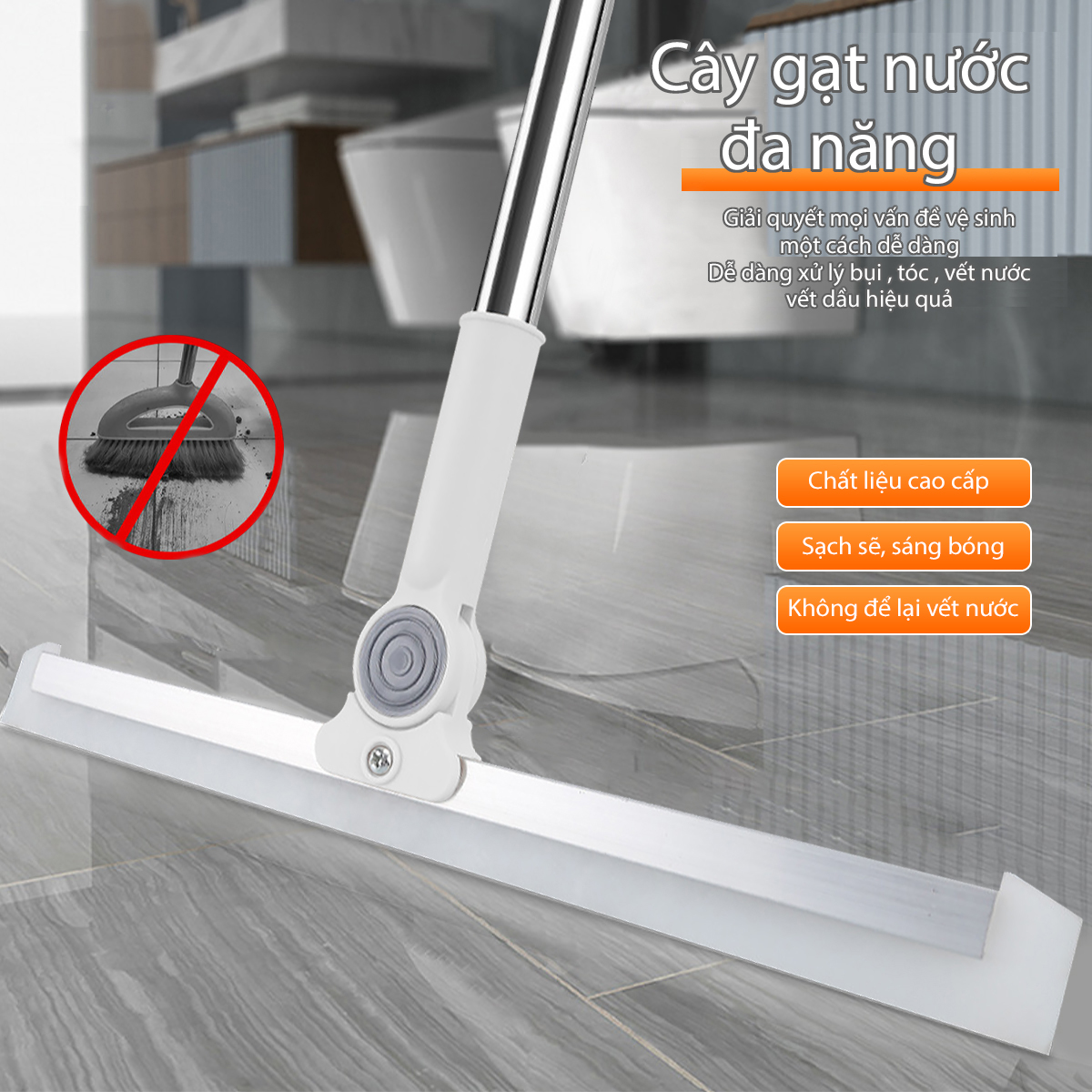 Chổi gạt nước sàn nhà cao cấp, Cây gạt kính cầm tay đa năng xoay 360 độ lưỡi silicone mềm dẻo, cán nhôm tùy chỉnh độ dài từ 64-103cm