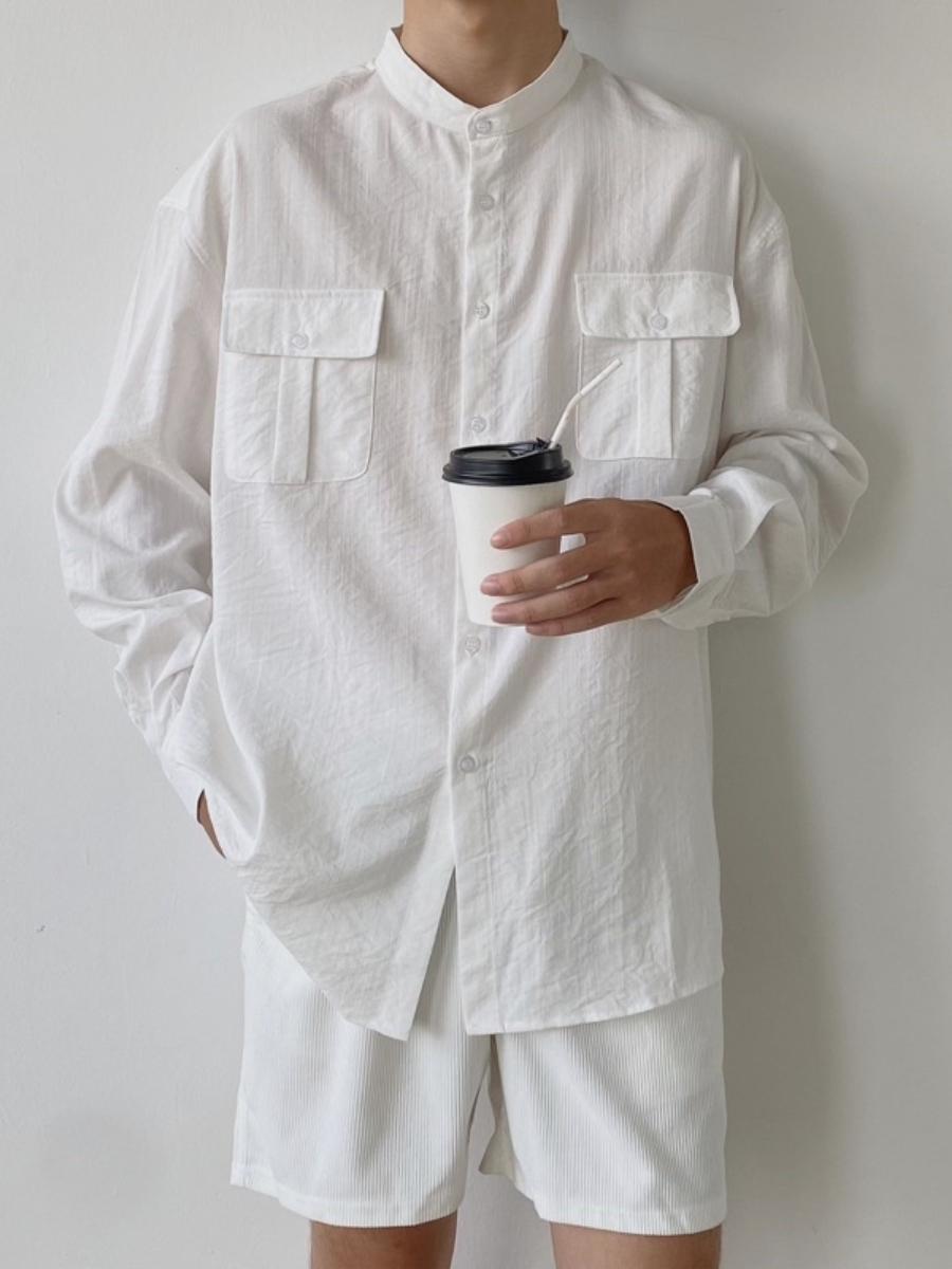 Áo đũi nam dài tay cổ trụ phối túi form rộng cúc, áo sơ mi cổ Եàu TOPMEN