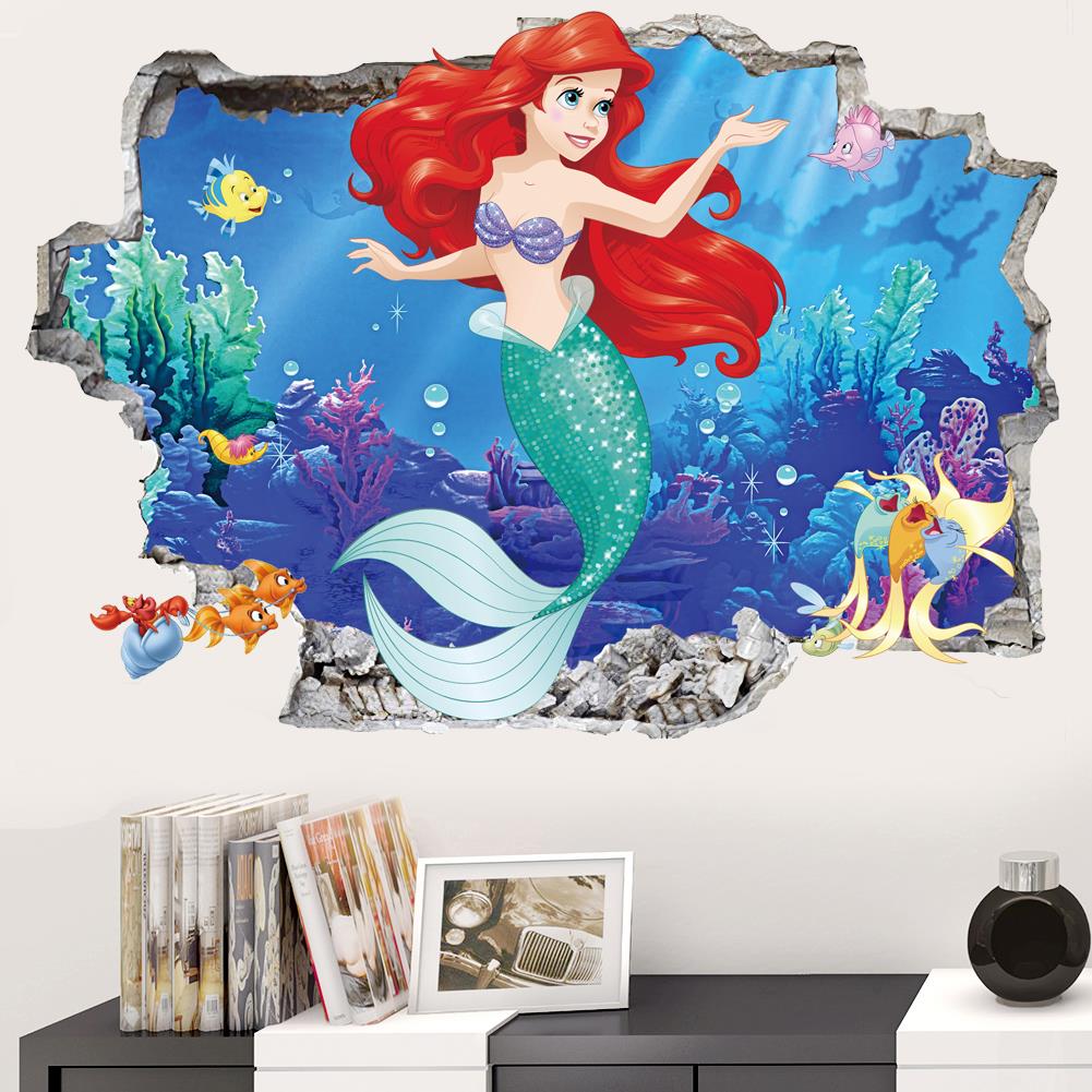 Cute little mermaid princess wall stickers 3d bathroom home decoration children room bedroom girl cute gift poster mural