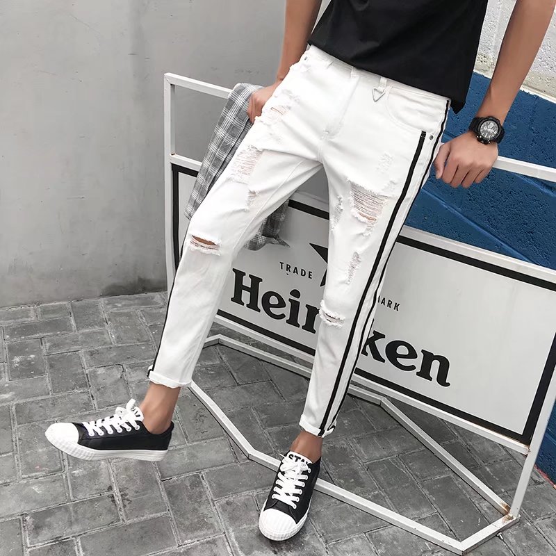 Quần jean naimo quần Quần lửng nam hai cực rách jean trắng ôm vừa quần bó Hàn Quốc quần vải bông ché