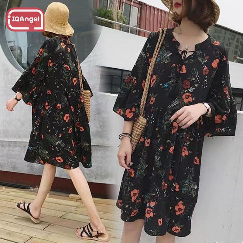 IQANGEL Floral Dress, Maternity Dress, Flare Sleeve Cross Collar Design ราคา 138 บาท*ส่งฟรี