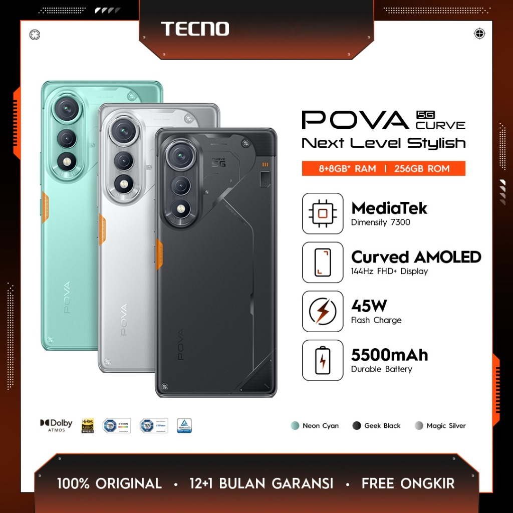 TECNO POVA Curve 5G [8+8GB/256GB] 5500mmAh + Bypass Charging 2.0 , Mediatek D7300 Ultimate 5G, 6,78" Curved AMOLED Giá 3,699,000 Đồng*Miễn phí vận chuyển