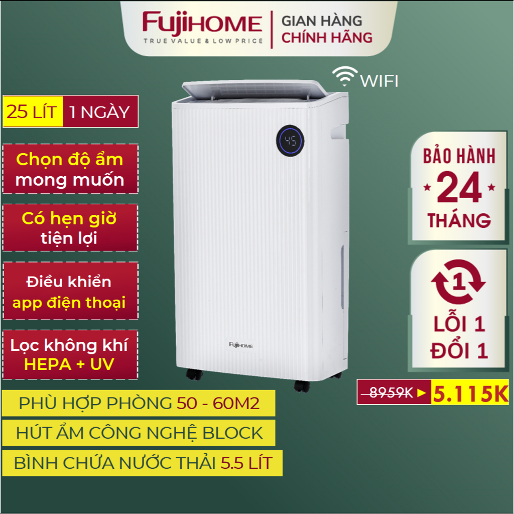 Máy hút ẩm thông minh FUJIHOME DH25W-HEPA-NEW Nhập Khẩu Máy hút ẩm có màng lọc HEPA sấy quần áo tiện