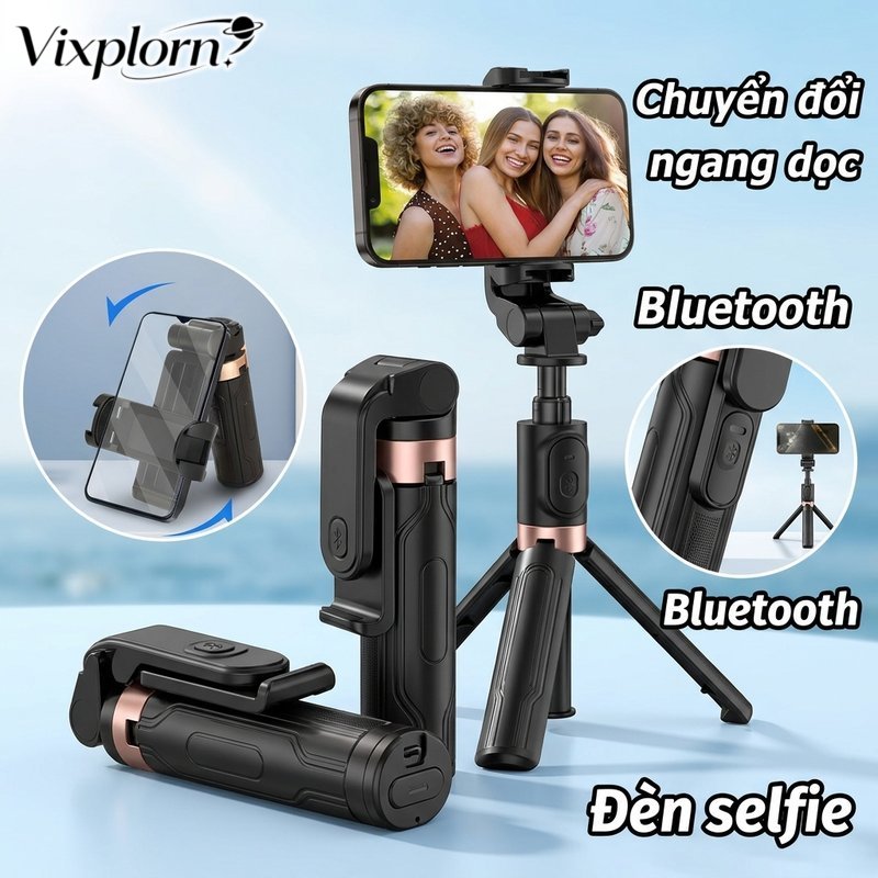 Vixplorn Gậy selfie Bluetooth kèm đèn trợ sáng giá đỡ điện thoại tripod xoay gập gọn livestream chụp ảnh