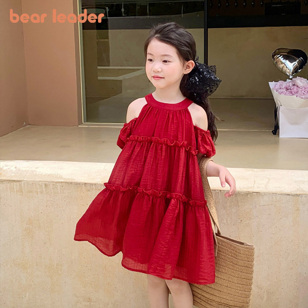 Bear Leader New Year Red Girls Dress Summer Casual Girls Round Neck Bubble