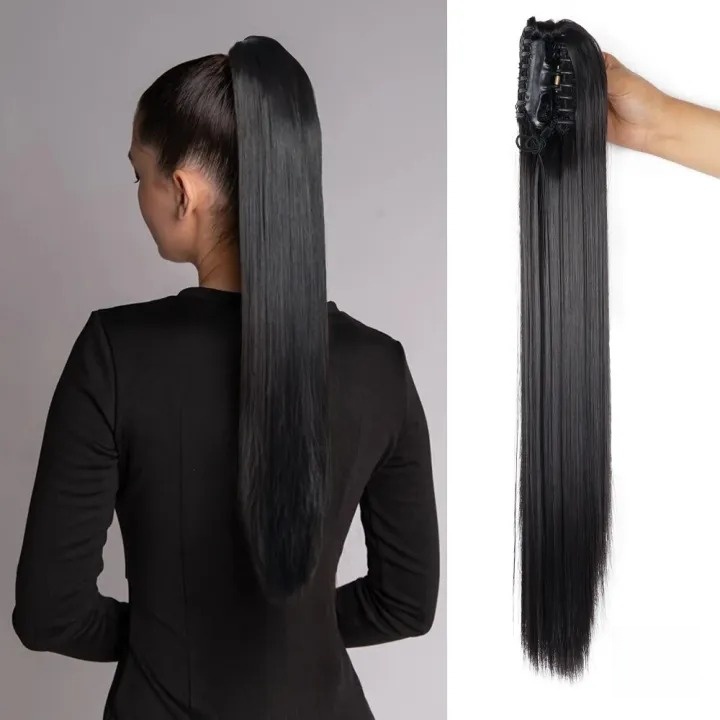 straight ponytail hair extension, jaw clip ponytail extension, catcher hair extension, synthetic ponytail for women, clip-on hairpiece, natural look ponytail extension, long straight hair extension, girls ponytail extension