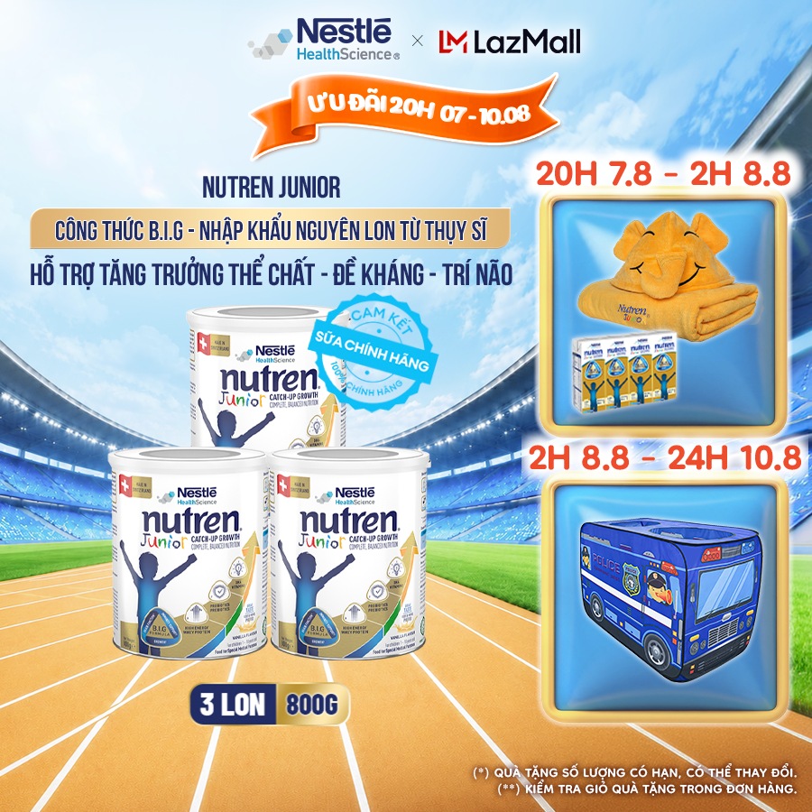Bộ 3 Sữa Bột Dinh Dưỡng Y Học NESTLÉ NUTREN JUNIOR Xuất Xứ Thụy Sĩ Công Thức BIG Hỗ Trợ Tăng Trưởng Thể ChấtTrí NãoĐề Kháng Cho Bé 800G