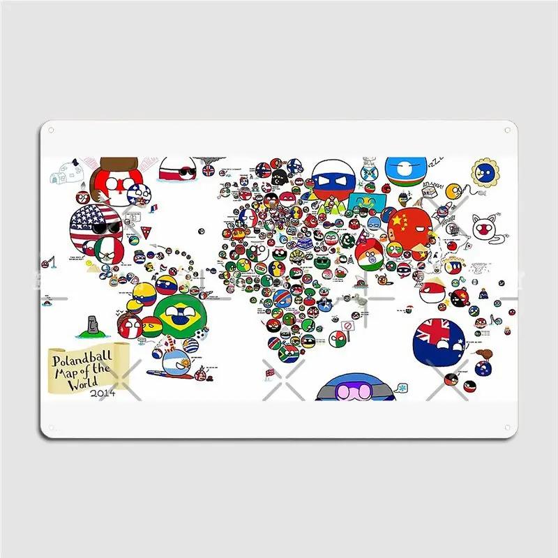 Minishow Wall Art Biển Hiệu Kim Loại Bản Đồ Thế Giới Hài Hước Polandball & Countryball Cho Trang Trí