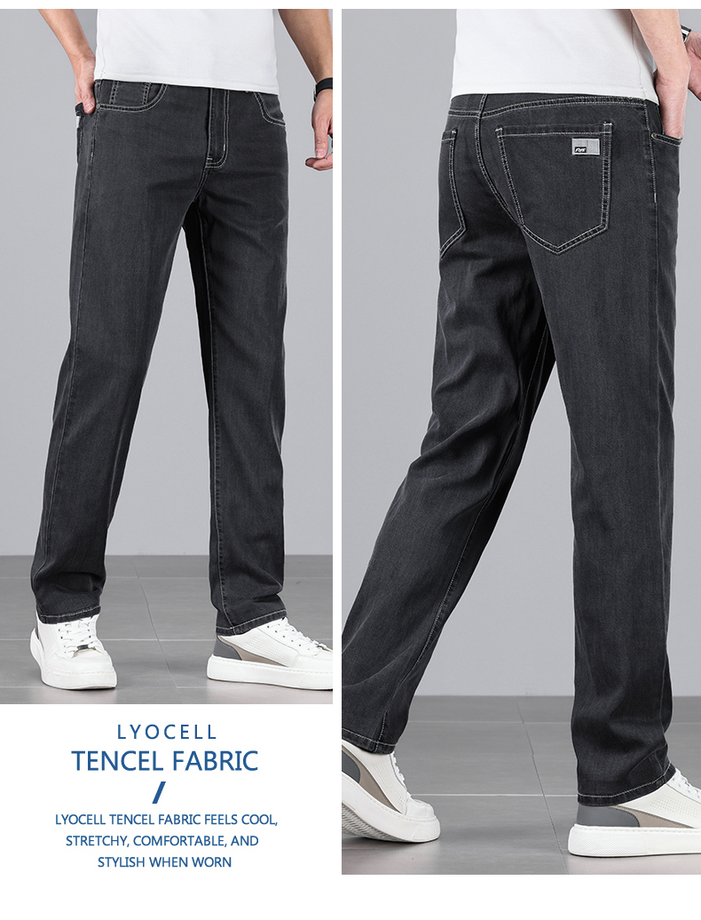 Summer Men's Baggy Jeans Blue UltraThin Classic Soft Breathable Business Casual Straight-leg Stretch Denim Trousers Male