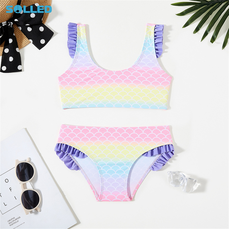 Kid Girl Bathing Two Pieces Suit Bikini Ruffle Scale Printing Sleeveless U Neck Girl Swimsuit For Infant Girl ราคา 217 บาท*ส่งฟรี