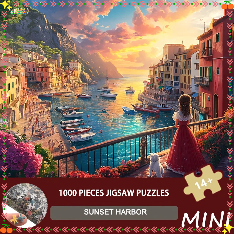 ZbSize Puzzle 1000Pcs Sunset Harbor Art, 36X28Cm, Coastal Landscape For Adults & Home Decor Enthusiasts, Beach Vacation Gift