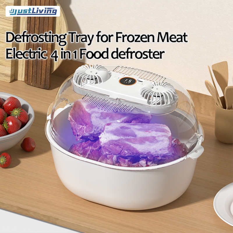 JustLiving 1Set Domestic kitchen 4 in 1 Food defroster, Upgraded Electric Meat Defrosting Tray Canister - New 4 in 1 Quick Thawing Light, Fan & Nutrient Retaining Atomizer - USB Rechargeable, Fast 360° Uniform Defrost with Drainage Tray & Lid ราคา 348 บาท*ส่งฟรี