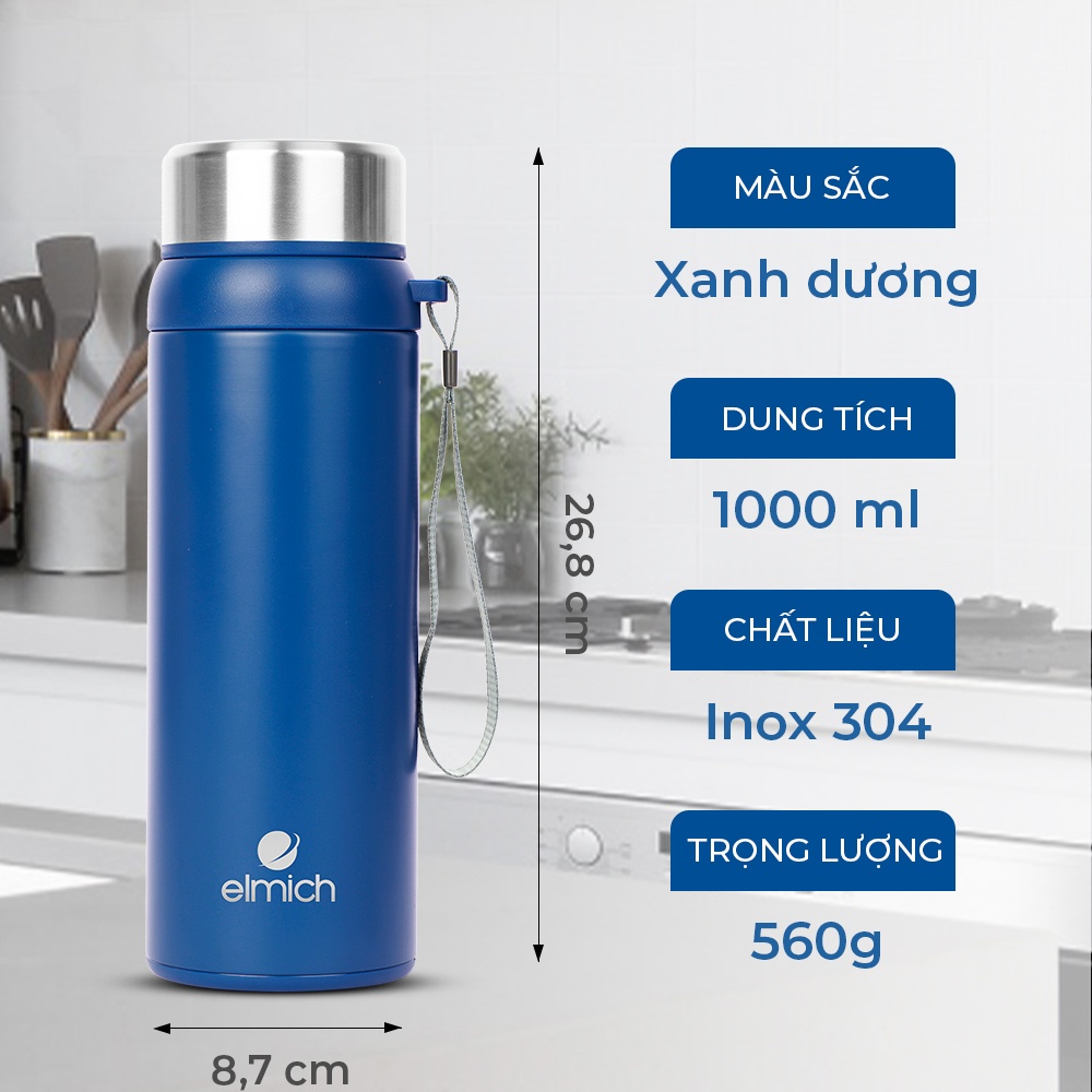 Bình Giữ Nhiệt Inox 304 Elmich El3683 Dung Tích 1000ml Cấu Tạo 3 LớpCách Nhiệt Tuyệt Đối Bằng Chân Không.Giữ Nóng 8h Giữ Lạnh 12h.Thiết Kế Thông Minh Với Khả Năng Kiểm Soát NướcNgăn Bã Trà Và Dễ Dàng Cho Đá Vào Bình.