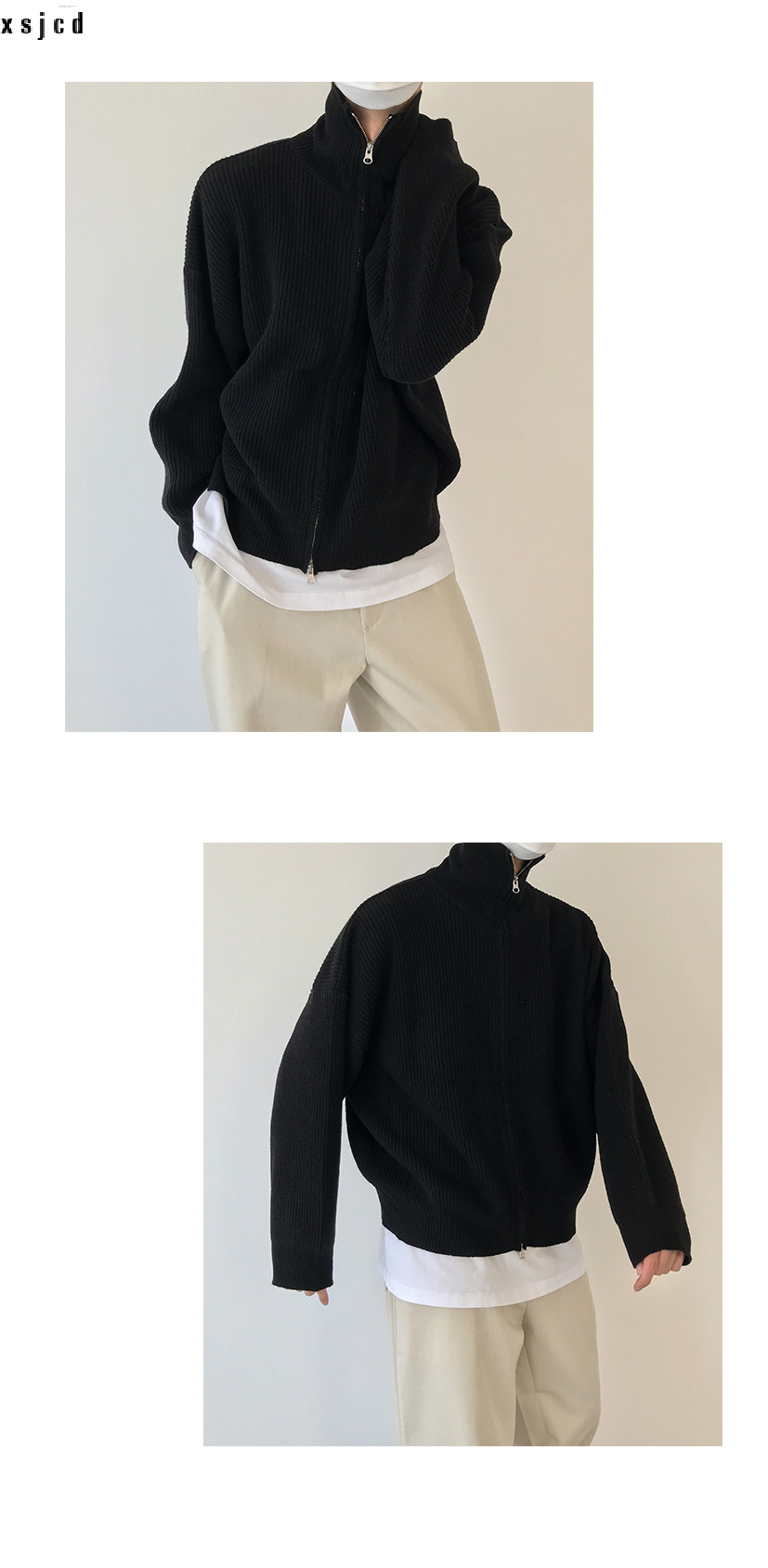 xsjcd Cardigan sweater jacket men's autumn and winter Hong Kong style solid color sweater trendy design casual stand-up540_voghion.com