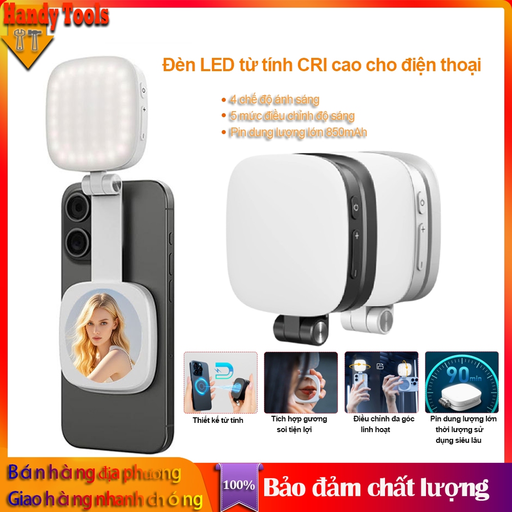 Đèn LED Từ Tính Cho Điện Thoại – Kèm Gương Selfie Nhỏ, 5 Mức Sáng Điều Chỉnh, Pin 850mAh, Dùng Livestream & Chụp Ảnh Tự Sướng, Tương Thích MagSafe