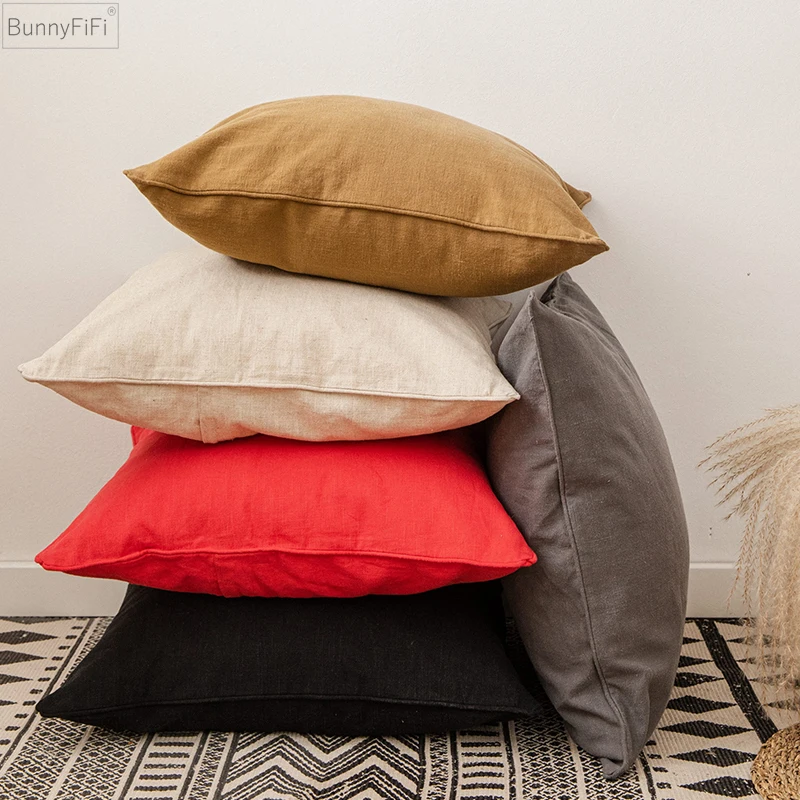 (household) Solid Pillow Case Cotton Linen Cushion Cover 45x45cm/50x50cm Beige Black Red Grey Home Decorative Fringed For Bed Sofa Chair