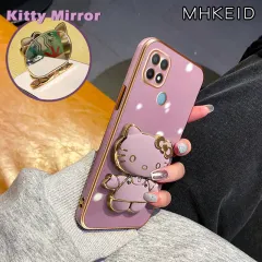 MHKEID Casing Ponsel untuk OPPO A15 A15s A35 A16 A16s A54s A16k A16e Case Clever Hello Kitty mirror HP ponsel berdiri desain baru Plating lipat Kesing ponsel penuh penutup lensa kamera pelindung Casing