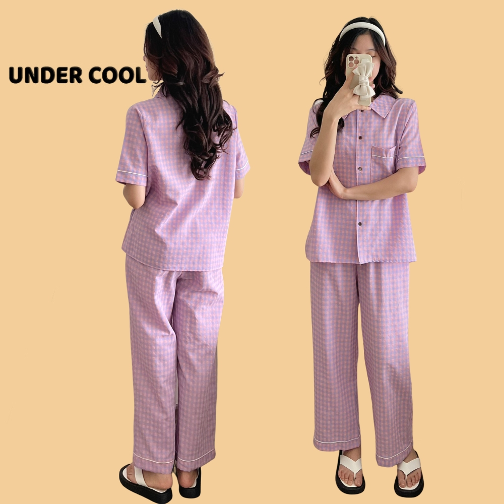 Bộ Đồ pijama kẻ caro quần dài áo cộc UNDERCOOL chất lụa đũi mềm Dáng Basic