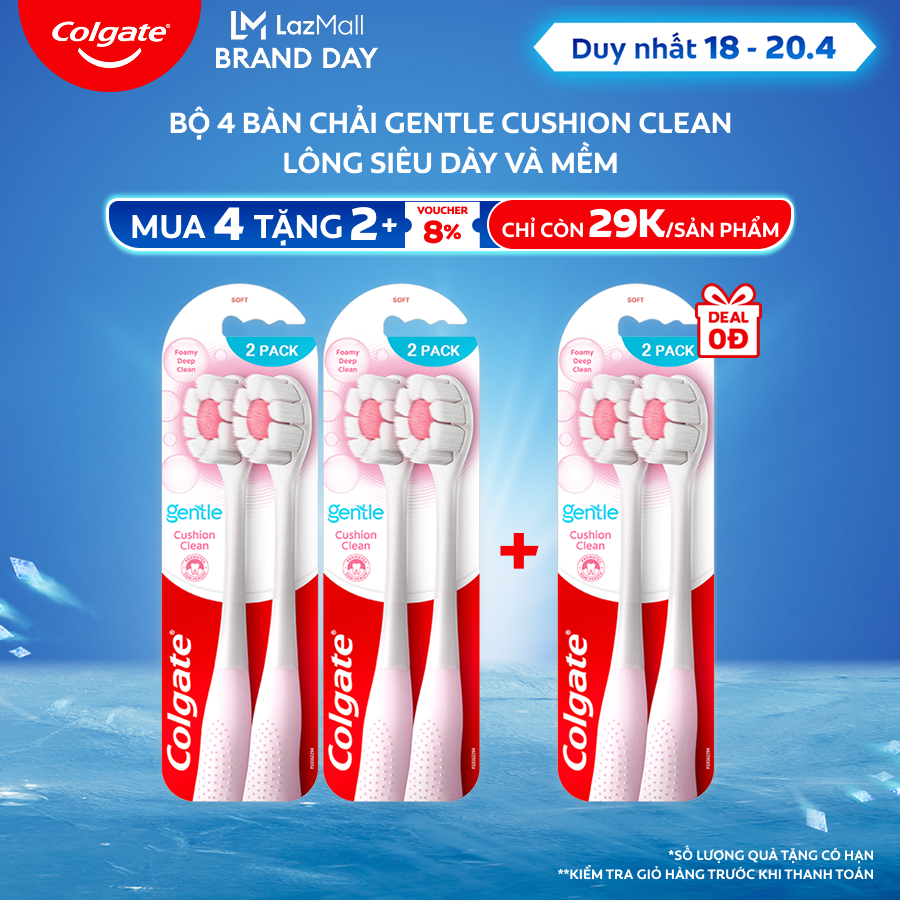 [Chỉ 18 - 20.4_Mua 4 tặng 2  Chỉ còn 29K/sản phẩm] Bộ 4 Bàn chải Colgate Gentle Cushion Clean lông chải siêu dày tạo bọt mịn