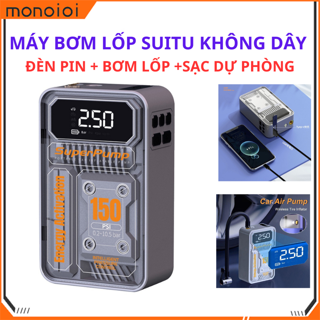 【Hàng Có Sẵn】Monqiqi Máy bơm lốp ,máy bơm hơi ô tô điện tử không dây 3 chức năng bơm hơi , sạc dự phòng ,đèn pin