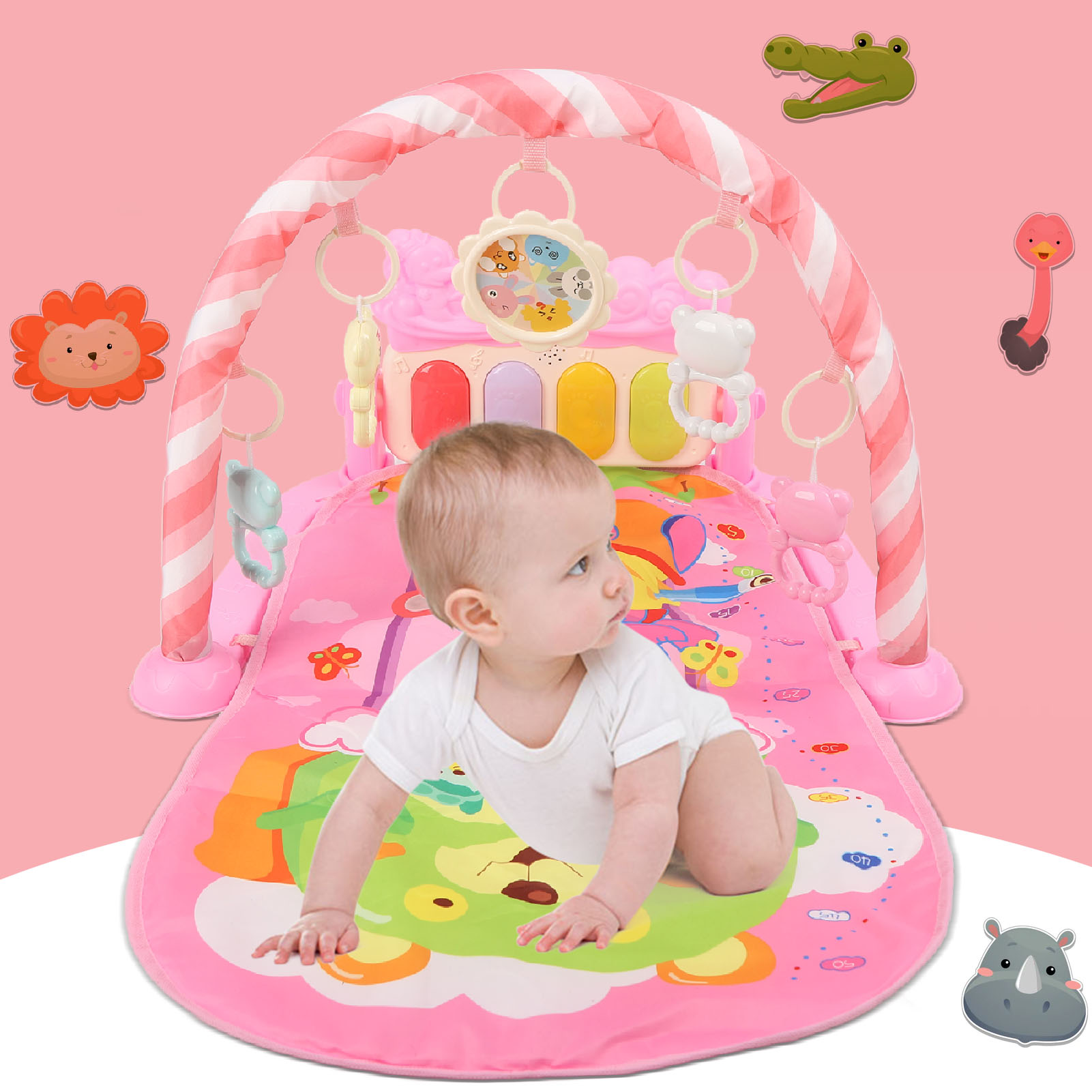 [Newkits] trẻ sơ sinh trẻ mới biết đi màu hồng phim hoạt hình khinh khí cầu hoa văn động vật ánh sáng âm nhạc Thảm tập Gym bé đá Piano mat