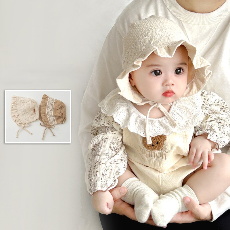 Lady baby girl's bonnet hat newborn flower pattern lace | soft cotton bonnet 0 - 14 months