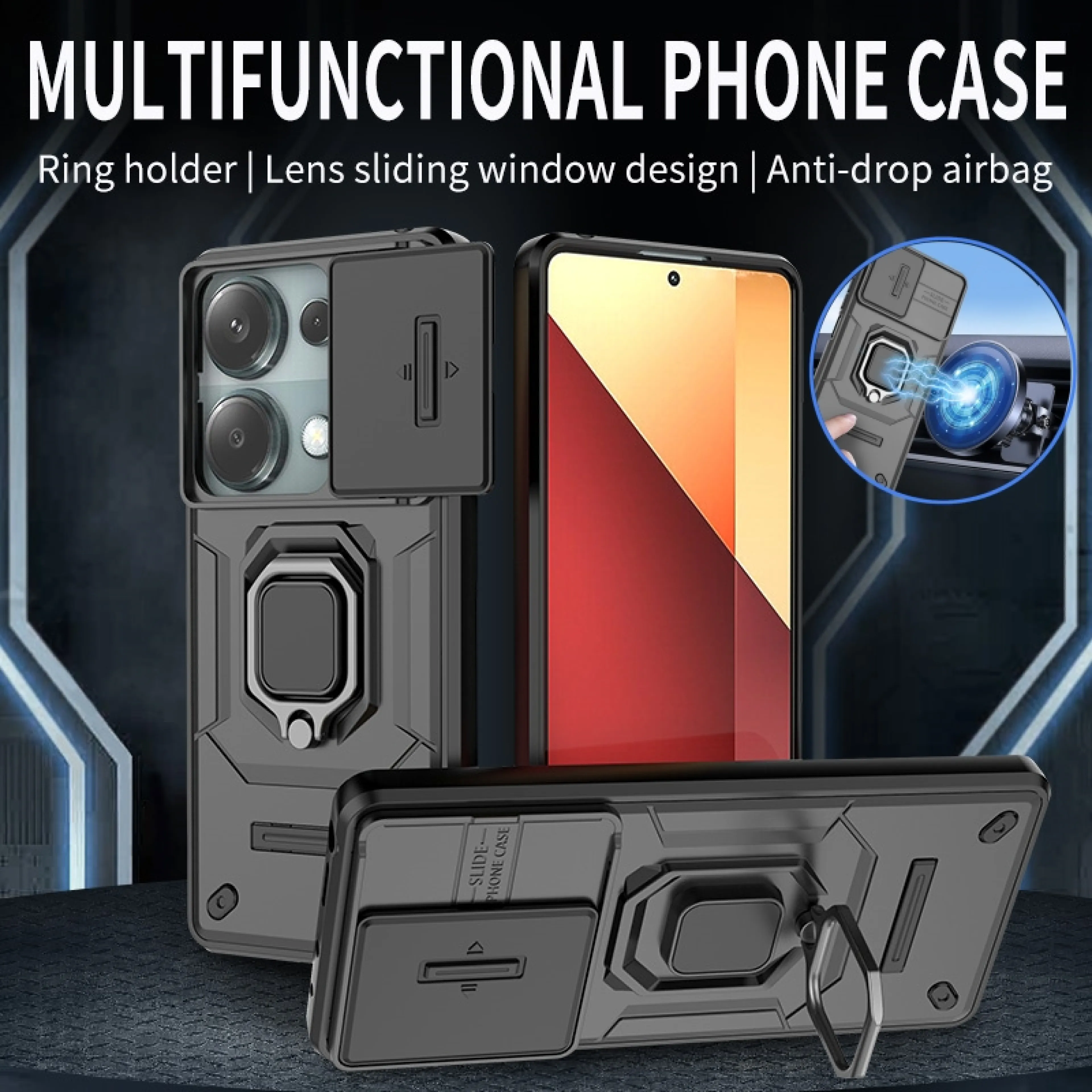For Xiaomi Redmi Note 13 Pro 4G Case Shockproof Armor Slide Lens Protection Funda for Redmi Note13 Pro 13Pro 4G Ring Stand Cover