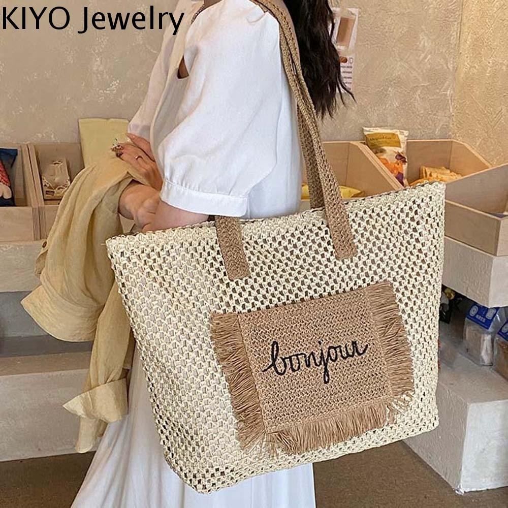 KIYO Dung lượng lớn Túi xách dệt bằng rơm Ngọt ngào Màu sắc tương phản Túi xách đi biển Thời thượng Nhẹ Túi đeo vai đi làm Nữ