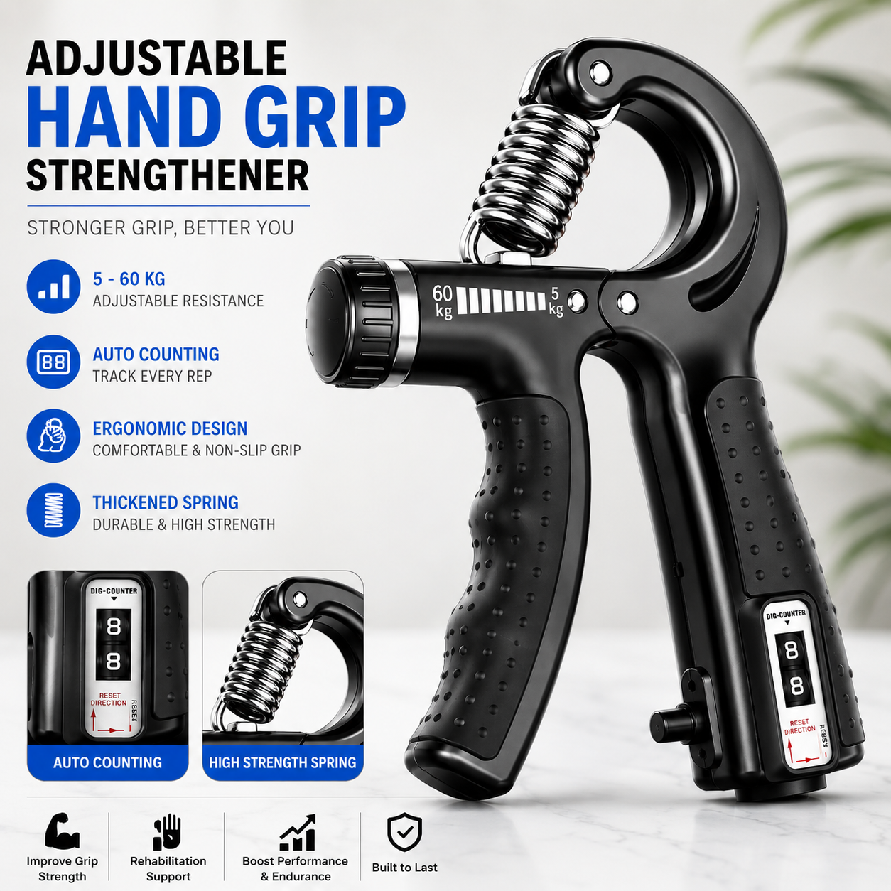 Adjustable Hand Grip Strengthener 5–60KG with Counter – Non-Slip Hand Gripper for Wrist, Finger & Forearm Exercise | Portable Grip Trainer for Gym, Home Workout, Fitness & Rehabilitation (Men & Women)