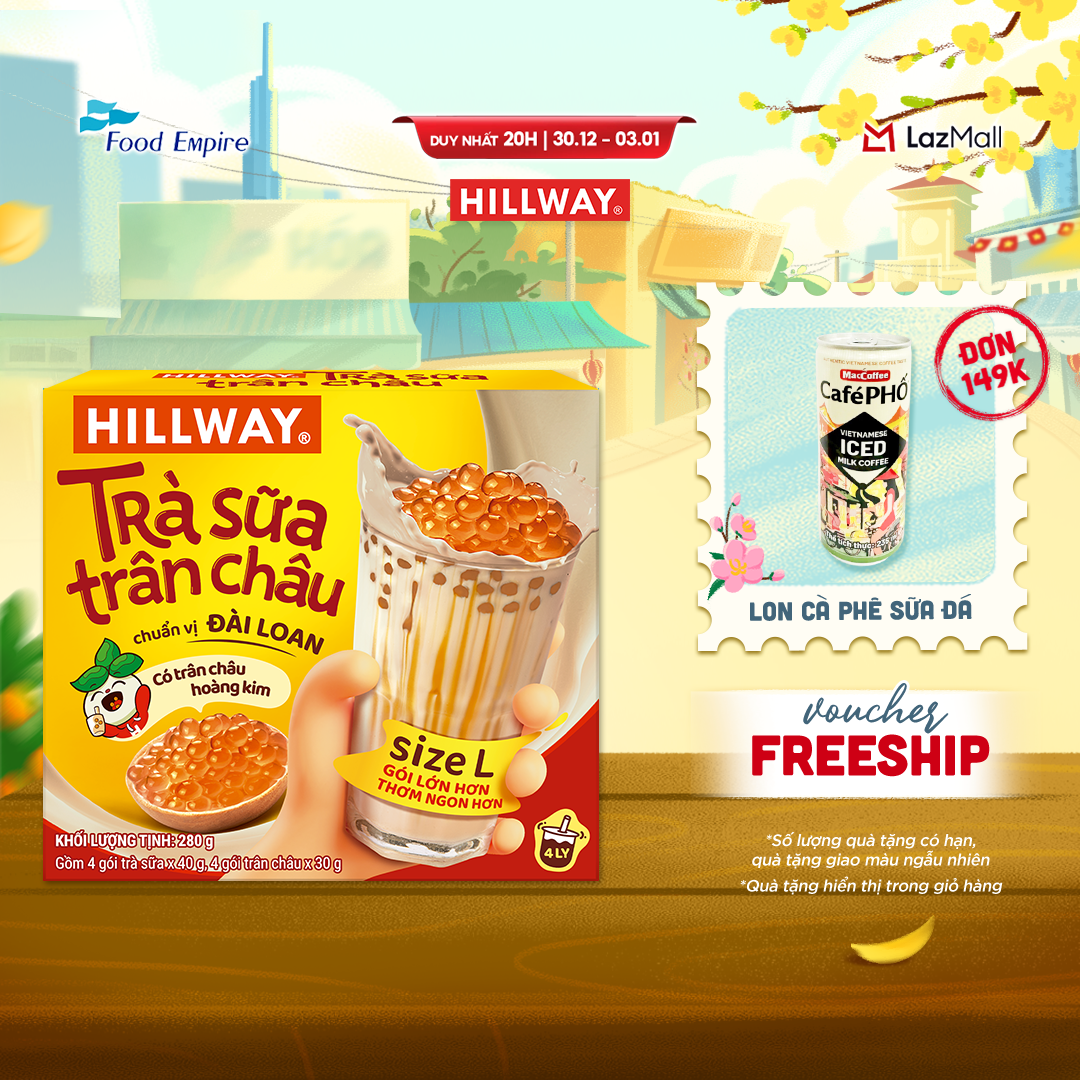 Trà Sữa Trân Châu Hoàng Kim - Hillway - Chuẩn vị Đài Loan size L hộp 4 gói trà sữa 4 gói trân châu